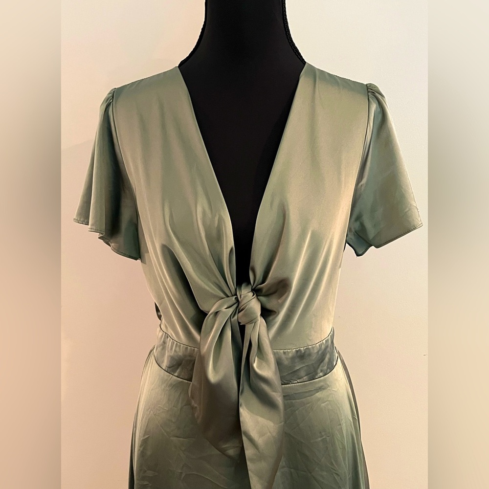BALTIC BØRN Tie Front Sage Green Satiny Dress